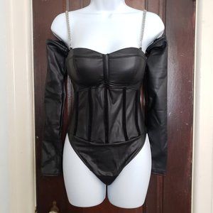Maniere de Voir Black Vegan Leather Corset Bodysuit w/ Sleeves US 4/UK 8 - S